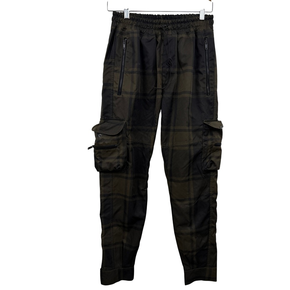 Represent Pants Mens Medium Olive Green Plaid Cargo Joggers Drawstring Waist